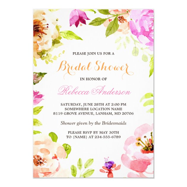 Pastel Watercolor Flowers Botanical Bridal Shower Card (front side)