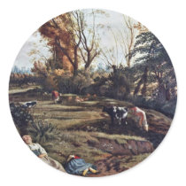 Pasture With Two Sleeping Shepherdesses By Siberec Round Stickers