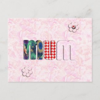Patchwork 'MUM' on Pink Rose Background postcard