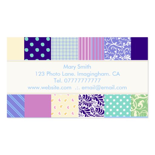 Patchwork pattern squares - purple, yellow & blue business card (back side)
