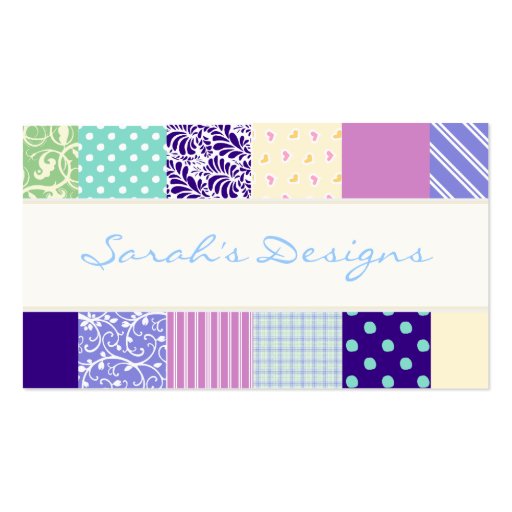 Patchwork pattern squares - purple, yellow & blue business card (front side)