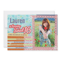 Patchwork & Pink Lace Sweet 16 Photo Invitation