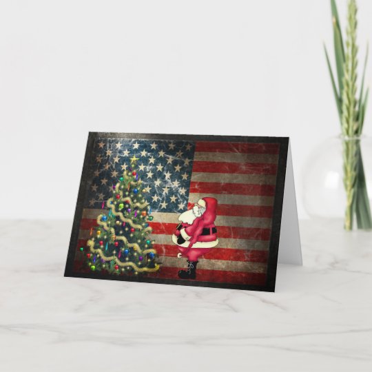 Patriotic American Flag Santa And Christmas Tree Holiday Card Zazzle