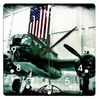Patriotic Military WWII Plane with American Flag Wall Clock
