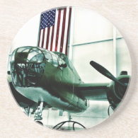 Patriotic Military WWII Plane with American Flag Drink Coaster