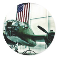 Patriotic Military WWII Plane with American Flag Round Sticker
