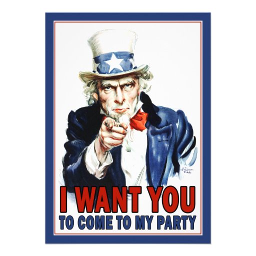 Patriotic Party Invitation: Vintage Uncle Sam (front side)