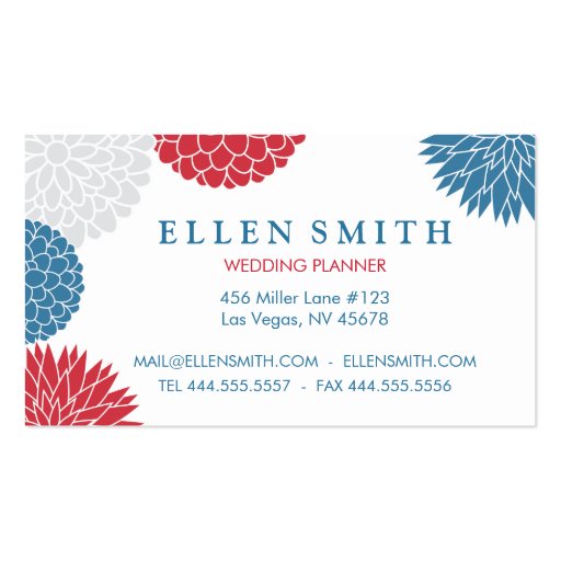 Patriotic Red White and Blue Summer Blossoms Business Cards (front side)