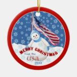 Patriotic Snowman and Flag Christmas Ornament
