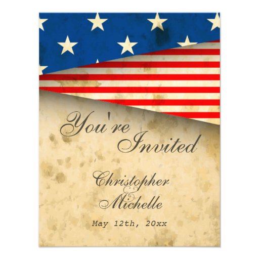 Patriotic US Flag Vintage Style Wedding Invitation (front side)