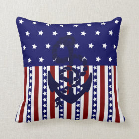 Patriotic USA Stars Stripes Nautical Anchor Pillow