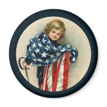 Patriotic Vintage_Boy and Flag_Round Magnet