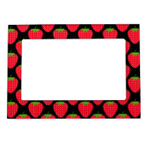 Pattern of Red Strawberries on Black Photo Frame Magnets
