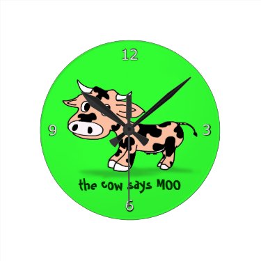 Patterned Cartoon Cow on Green with Moo Clocks