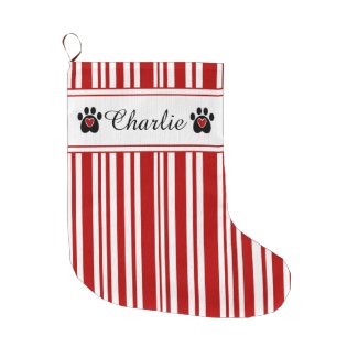 Paw Print and Candy Cane Stripes Large Christmas Stocking