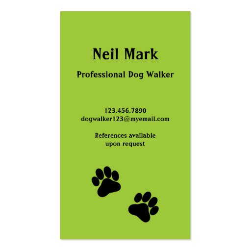 Paw Print Dog Walker in Green Business Card Templates (front side)