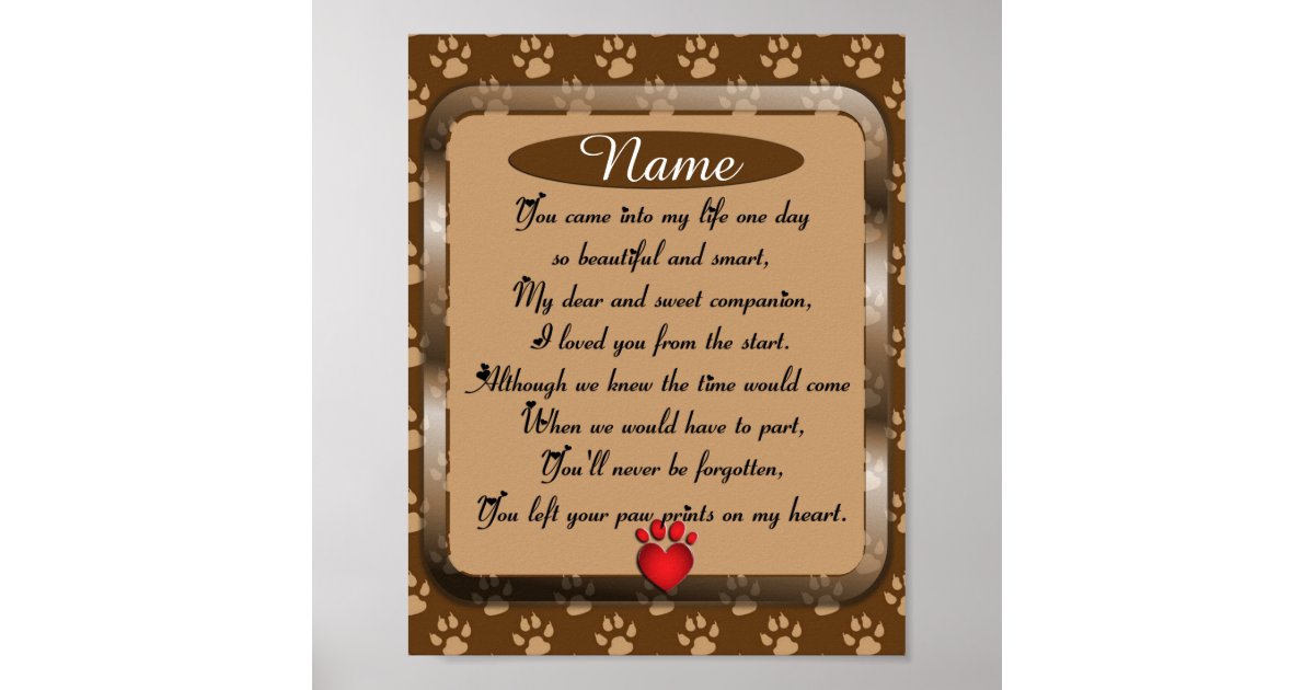 Paw Prints on My Heart Poem Pet Memorial | Zazzle