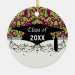 pea green and dark plum damask pattern ornament