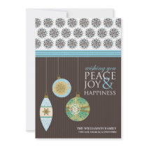 Peace Joy & Happiness Holiday Card (brown/blue) Personalized Invite