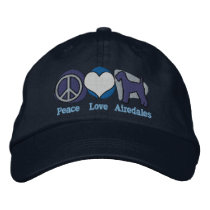 Peace Love Airedales Embroidered Hat (Blue) embroidered hats by MenagerieMayhem Peace Love Airedales Embroidered Hat (Blue) embroidered hats