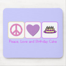 Peace, Love and Birthday Cake Mouse Mats