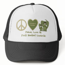 peace love and frill necked lizards trucker hat