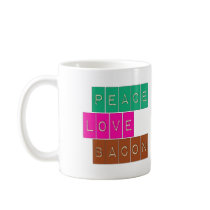 Peace Love Bacon Bright Colors Design mugs by greenbaby Peace Love Bacon Bright Colors Design mugs