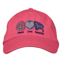 Peace Love Basenjis Embroidered Hat Pink & Purple embroidered hats by MenagerieMayhem Peace Love Basenjis Embroidered Hat Pink & Purple embroidered hats