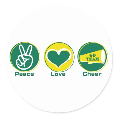 Peace Love Cheer Green/Yellow Round Stickers