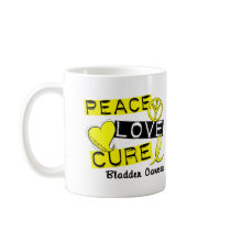 PEACE LOVE CURE BLADDER CANCER mugs by awarenessgifts PEACE LOVE CURE BLADDER CANCER mugs