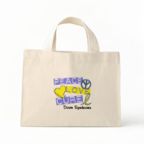 PEACE LOVE CURE DOWN SYNDROME bags by awarenessgifts PEACE LOVE CURE DOWN SYNDROME bags
