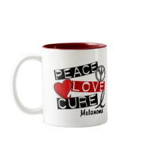 PEACE LOVE CURE MELANOMA mugs by awarenessgifts PEACE LOVE CURE MELANOMA mugs