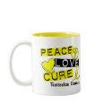 PEACE LOVE CURE Testicular Cancer mugs by awarenessgifts PEACE LOVE CURE Testicular Cancer mugs