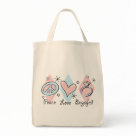 grocerytote - Cute retro PEACE LOVE ENGAGED design. Featuring a peace sign, a heart and diamond engagement ring. Cute to wear to pre-wedding parties and showers or shopping as you plan your wedding. On T-shirts, tote bags, mugs and more! PinkInkArt original!