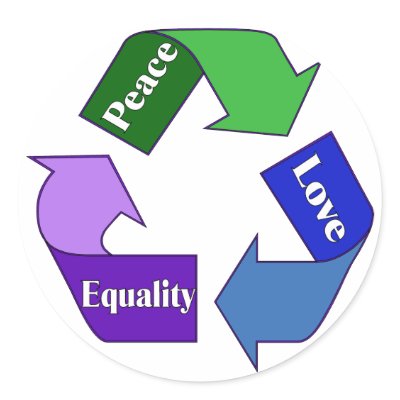 Peace Love Equality Sticker by orsobear. Familiar recycle symbol in purple, 