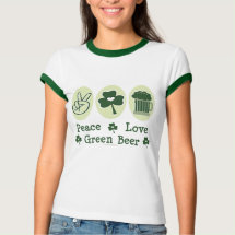 Peace Love Green Beer Ringer Tee Shirt - A peace symbol, shamrock and a frosted glass of green beer on St Patricks Day.
