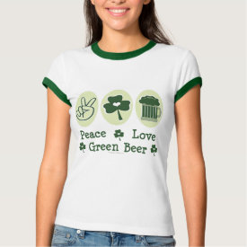 Peace Love Green Beer Ringer Tee Shirt - A peace symbol, shamrock and a frosted glass of green beer on St Patricks Day. Peace Love Green Beer Ringer Tee Shirt - A peace symbol, shamrock and a frosted glass of green beer on St Patricks Day.