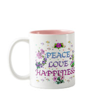 Peace Love Happiness mugs by orsobear Peace Love Happiness mugs