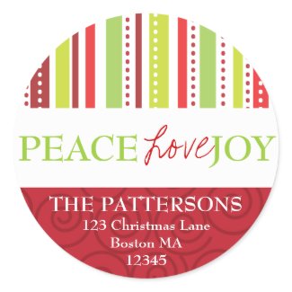 Peace Love Joy Polka Dots &amp; Stripes Address Label Round Sticker