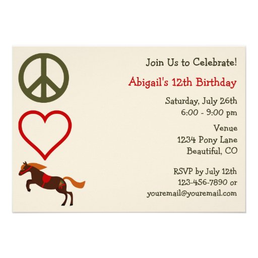 Peace Love Ponies Birthday Invitation for Girls