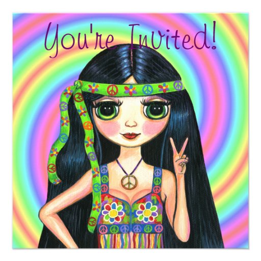 Peace Out Girl Hippie Flashing Peace Sign Personalized Invitations