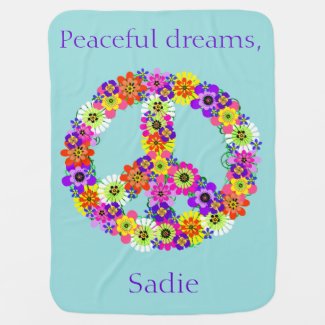 Peace Sign Floral Personalized in Blue Swaddle Blanket