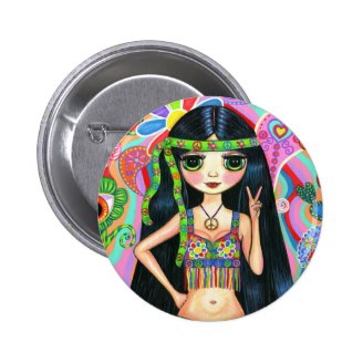 Peace Sign Hippie Girl Button
