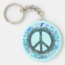 Peace Sign With Blue Waves Key Chains