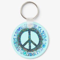 Peace Sign With Blue Waves keychains by makelovenotwar Peace Sign With Blue Waves keychains