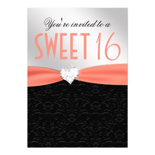 Peach and Black Floral Damask Diamond Heart Personalized Announcement