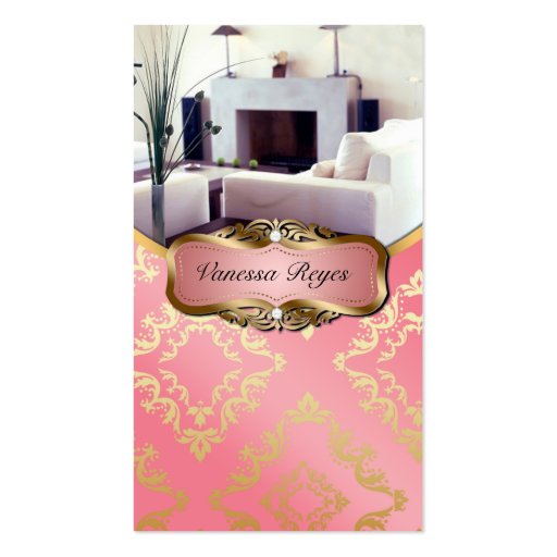 Peach and Gold Damask Photo Business Card (front side)