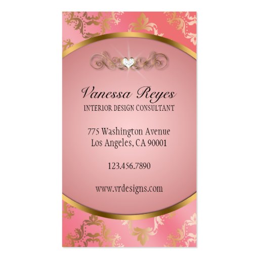 Peach and Gold Damask Photo Business Card (back side)