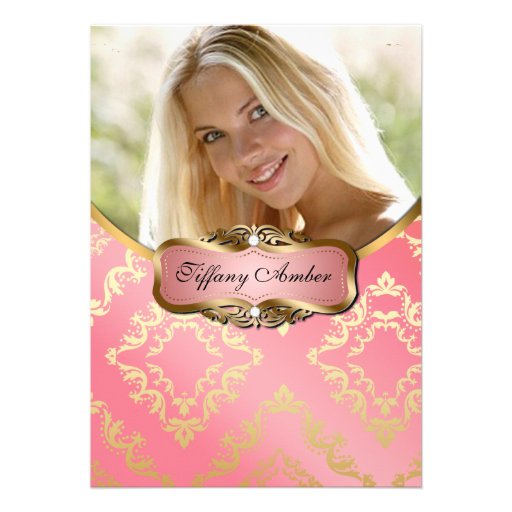 Peach and Gold Damask Photo Invite