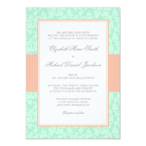 Peach and Mint Damask Swirl Wedding Invitation Zazzle
